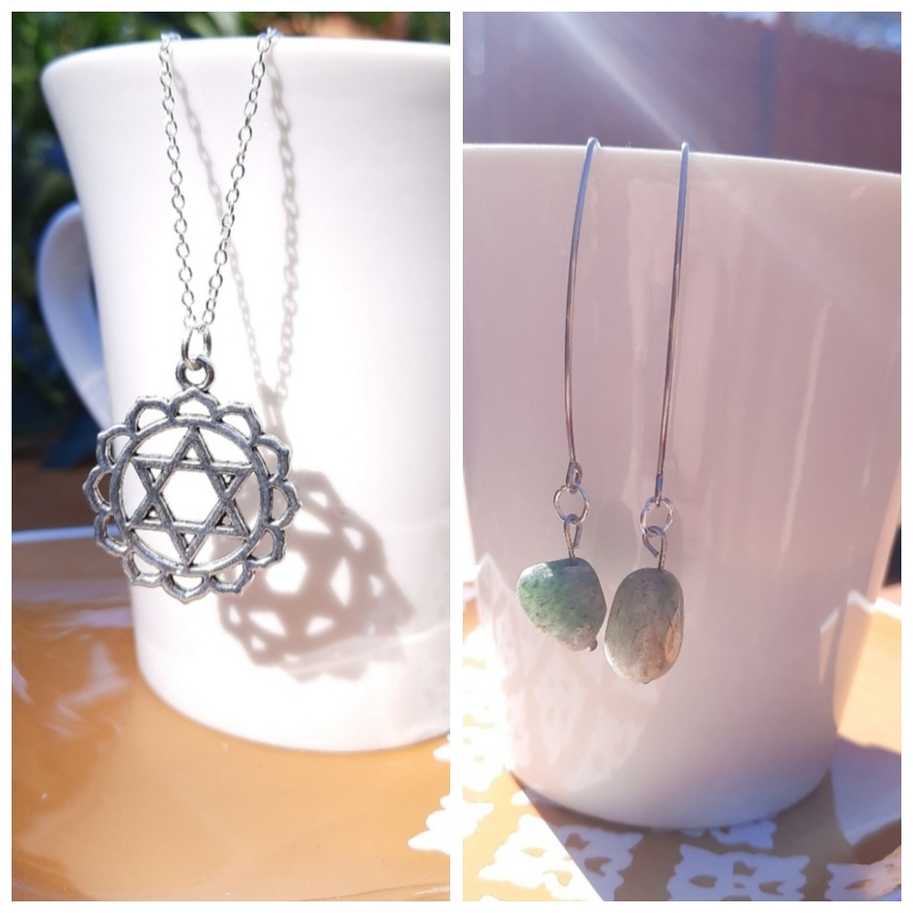 Heart Chakra Necklace & Green Stone Earrings Bundle
